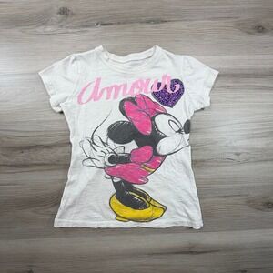 Disney Minnie Mouse Amour Graphic T Shirt Kids Size Medium White Sparkle Heart